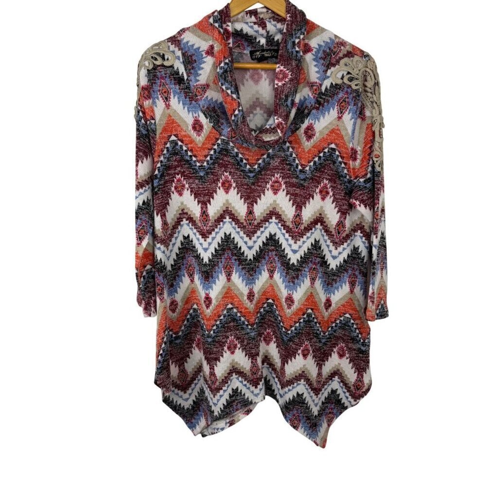 Absolutely Famous Southwestern Tunic Top Aztec Cowl Neck Crochet Size Lrg EUC
